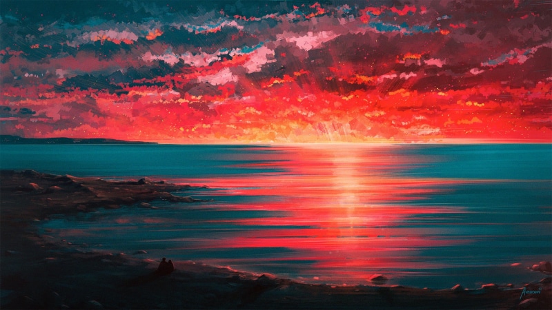 tranquil scene, horizon, sea, nature, artwork, tranquility, romantic sky, horizon over water, 1080P, water, cloud - sky, red, no people, dramatic sky