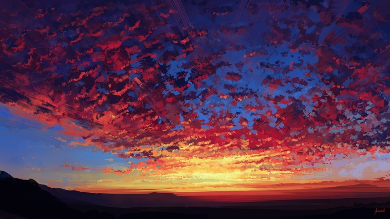 non-urban scene, outdoors, idyllic, Aenami, silhouette, floral, cloud - sky, tranquil scene, blue, land, clouds, scenics - nature, sunset, change, rug