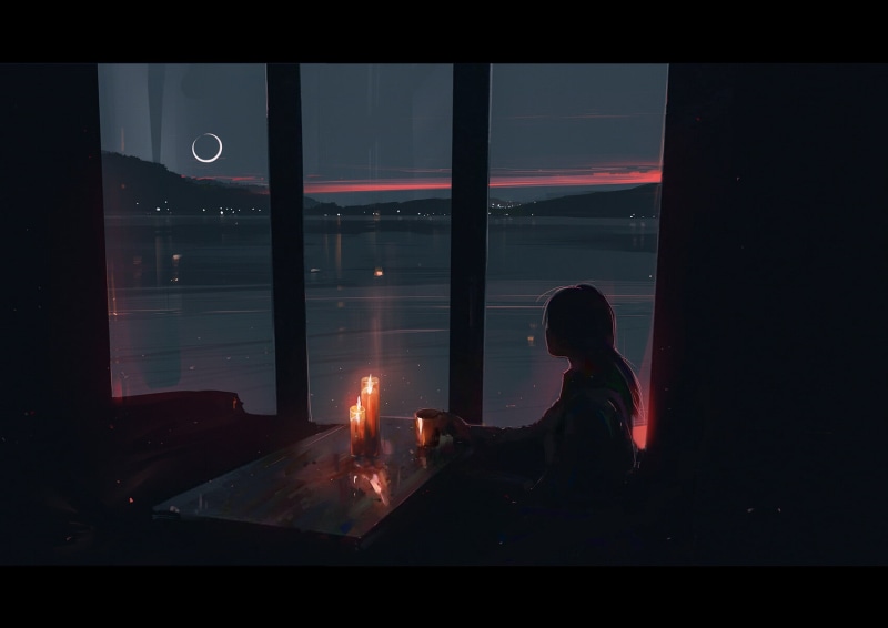 table, Moon, Aenami, mug, women, candles, 720P