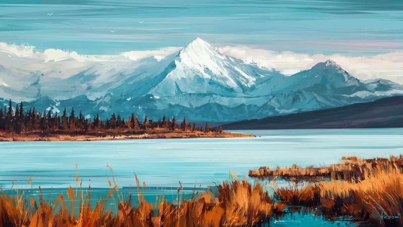 1080P, lake, digital art, river, landscape, mountains, Aenami