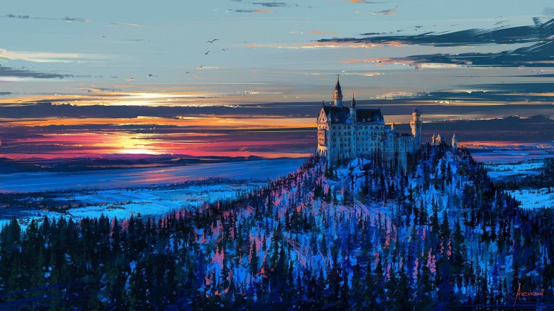 Neuschwanstein Castle, Bavaria, 1080P, castle, Germany, artwork, Aenami