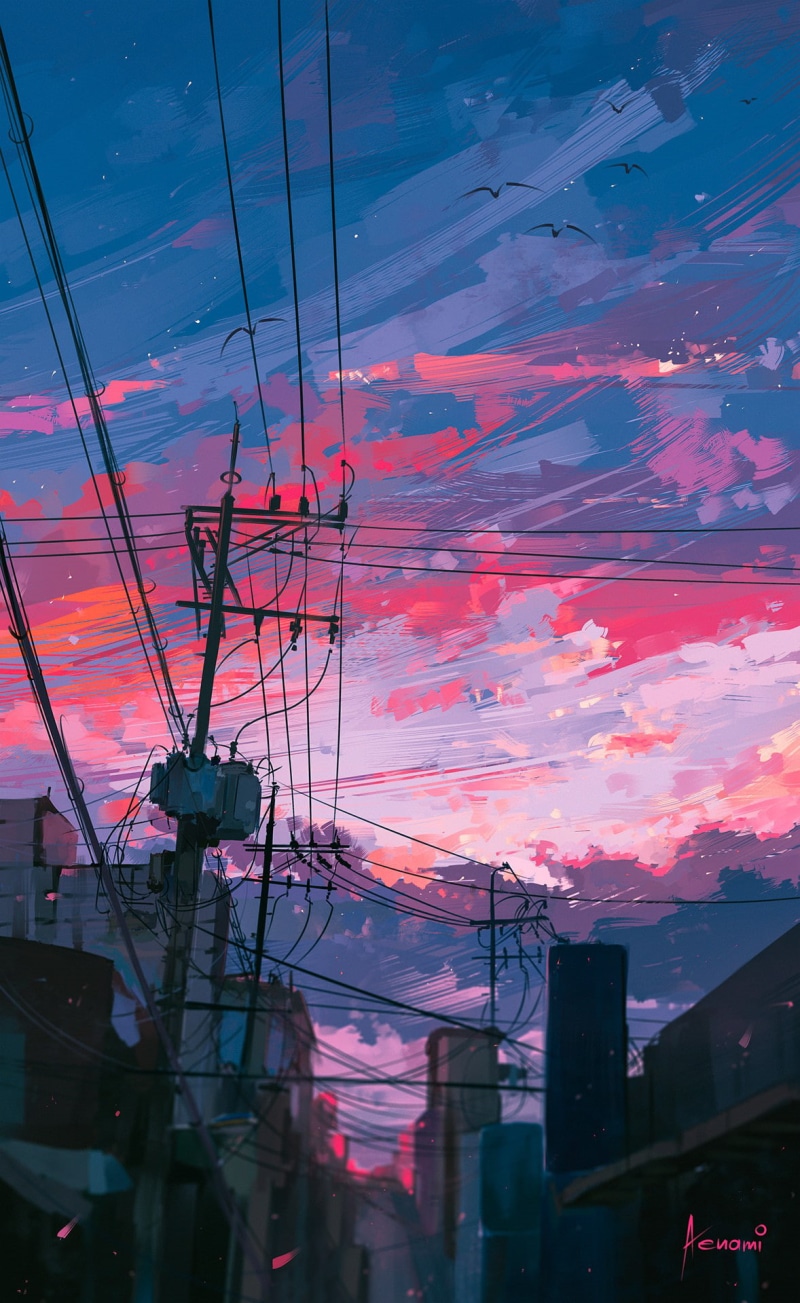 portrait display, 1080P, Aenami, power lines, sunset, town, sky, clouds