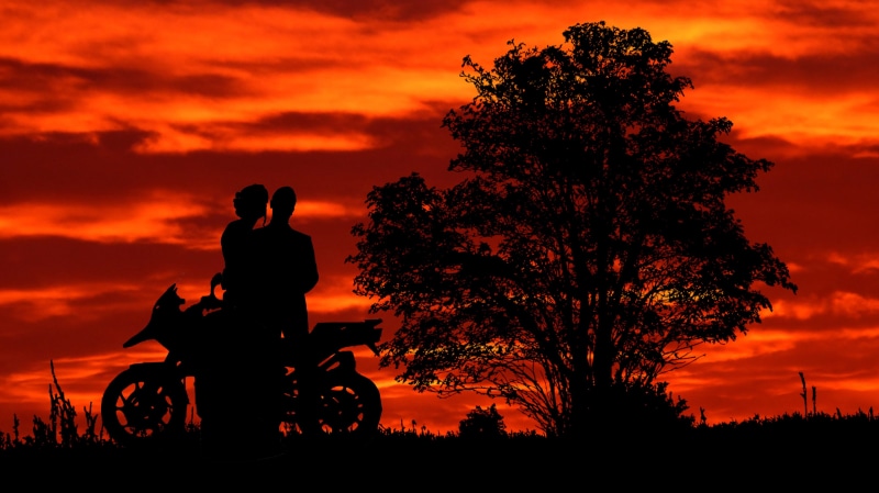 sitting, medical equipment, riding, couple, silhouette, tree, twilight, nature, sunset, 4K, relationship, outdoors, beauty in nature, sky, transportation