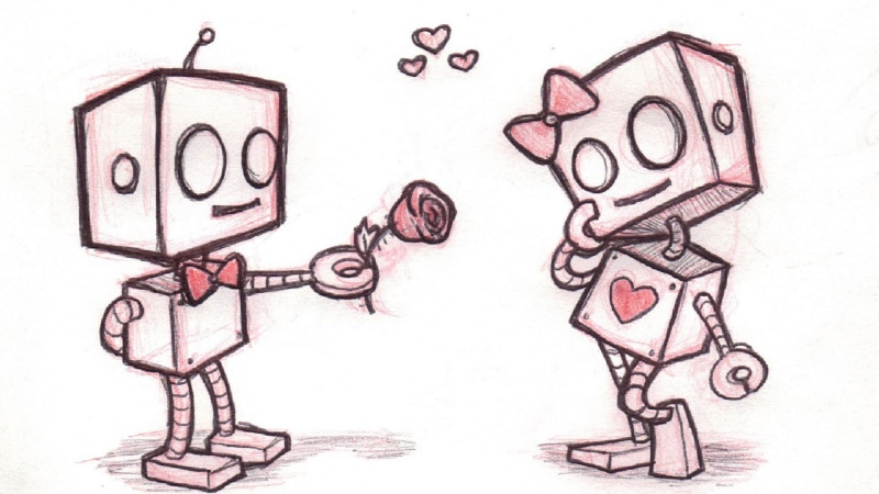 drawing, 1080P, cute, rose, romance, romantic, love, couple, girly, relationship, flower, robot, sketch