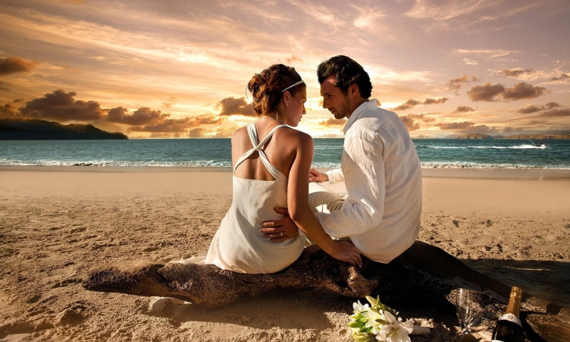 couple - relationship, land, heterosexual couple, bonding, togetherness, two people, Relationships, sea, young adult, newlywed, sunset, positive emotion
