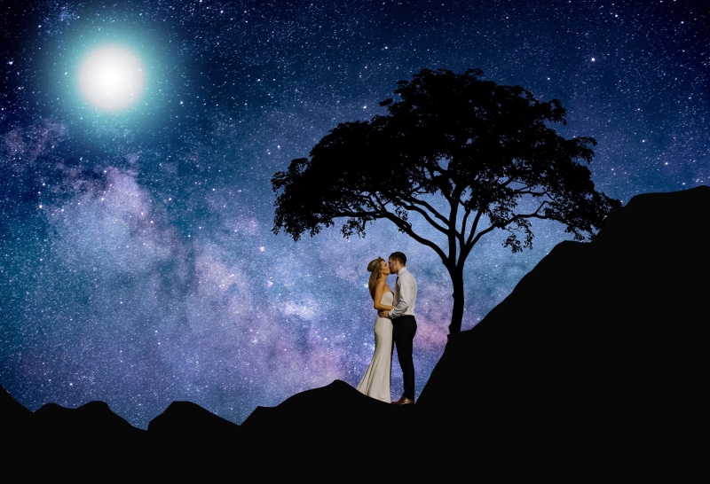 relationship, romantic, tree, astronomy, night, galaxy, star, star - space, nature, low angle view, sky, digital composite, beauty in nature, star field