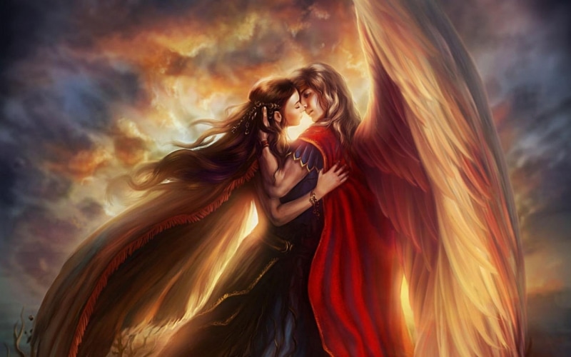 couple, wings, two, characters, 1080P, kiss, angel, heaven, love