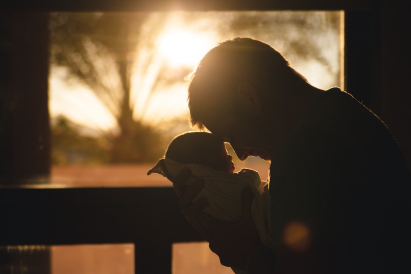 lifestyles, 4K, emotion, drawing, newborn, nature, adorable, back lit, cute, males, father, man, foreheads, sunrise, sunlight, happiness, sitting, parent