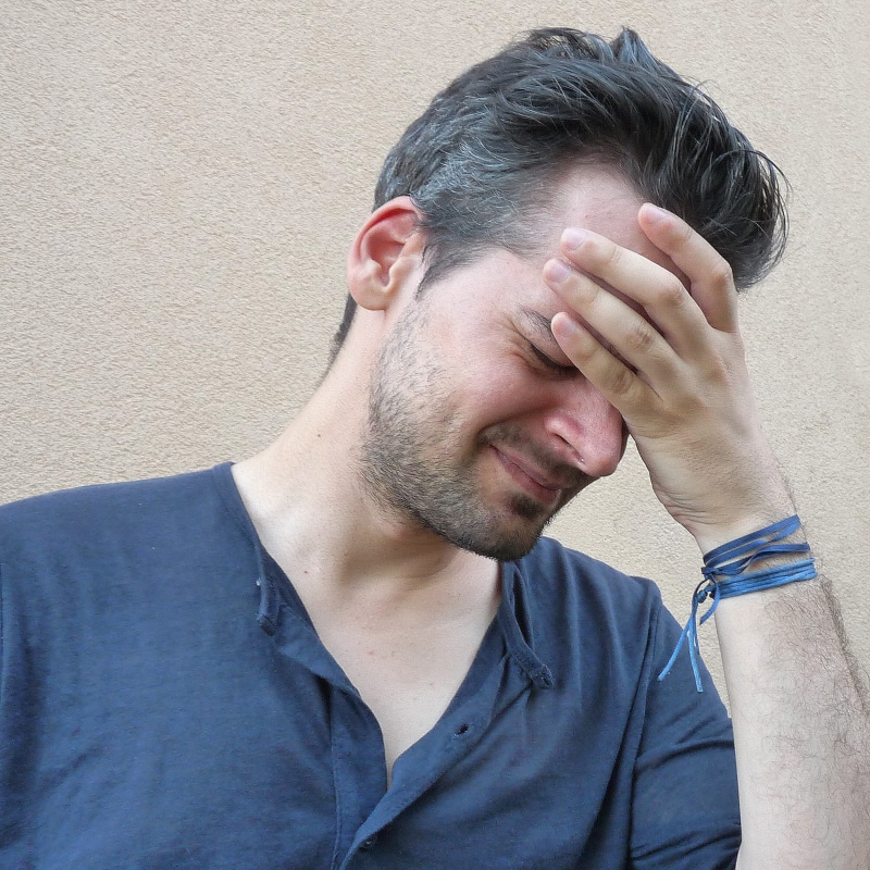 Image, front view, facial hair, young adult, Man, person, only men, real people, unhappy, casual clothing, Headache, holding, forehead, headshot, human face