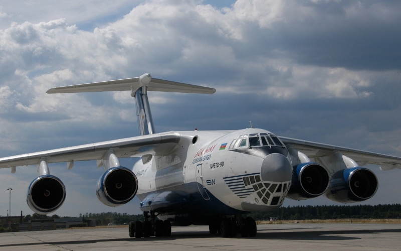 mode of transportation, outdoors, army, ilyushin il 76, military airplane, no people, 1080P, day, cloud - sky, airplane, aircraft wing, air vehicle, stationary