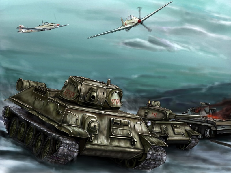 battle, offensive, tanks, water, The great Patriotic war, day, war, art, government, three, T-34-76, aggression, no people, graphic, figure, 1080P, sea