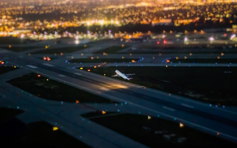 runway, airplane, night, tilt shift, city lights, 720P, airfield, minimalism
