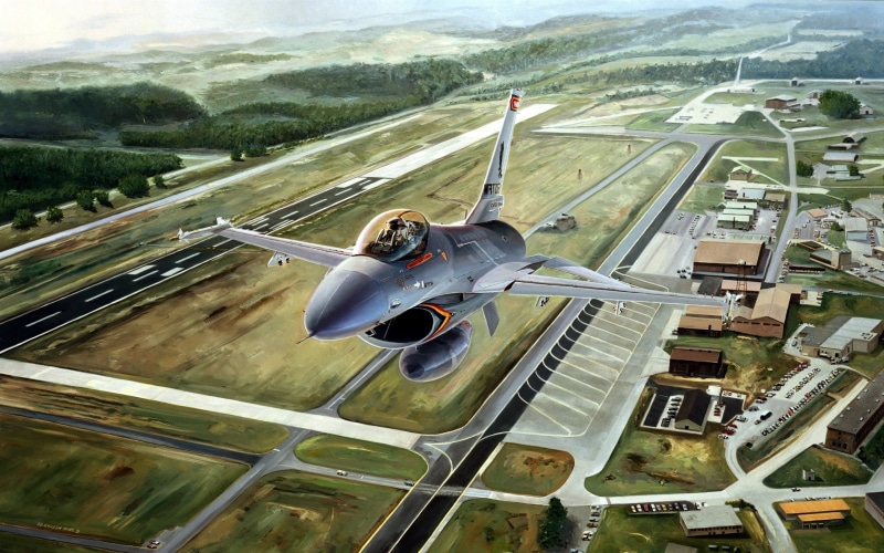 built structure, mountain, military aircraft, no people, air vehicle, outdoors, airfield, on the move, transportation, nature, day, drawing, General Dynamics F-16 Fighting Falcon
