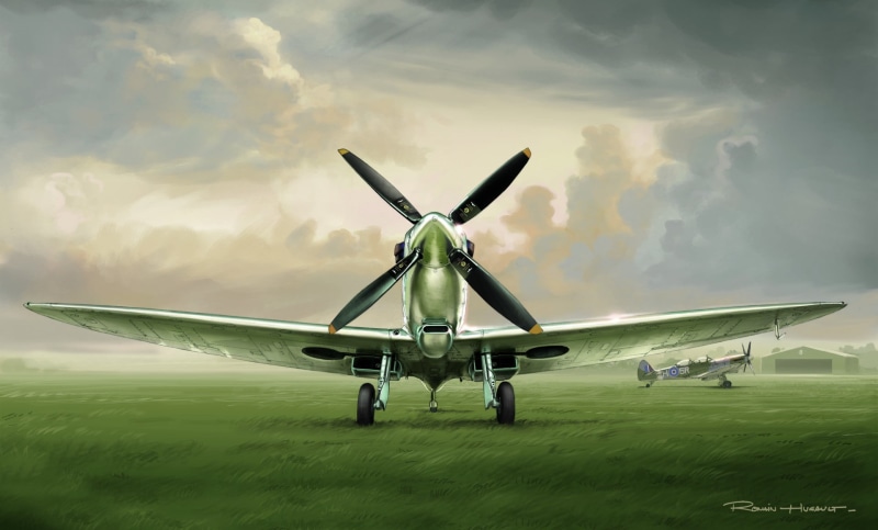 Romain Hugault, clouds, Supermarine, the airfield, figure, grass, 1080P, RAF, fighter, Spitfire