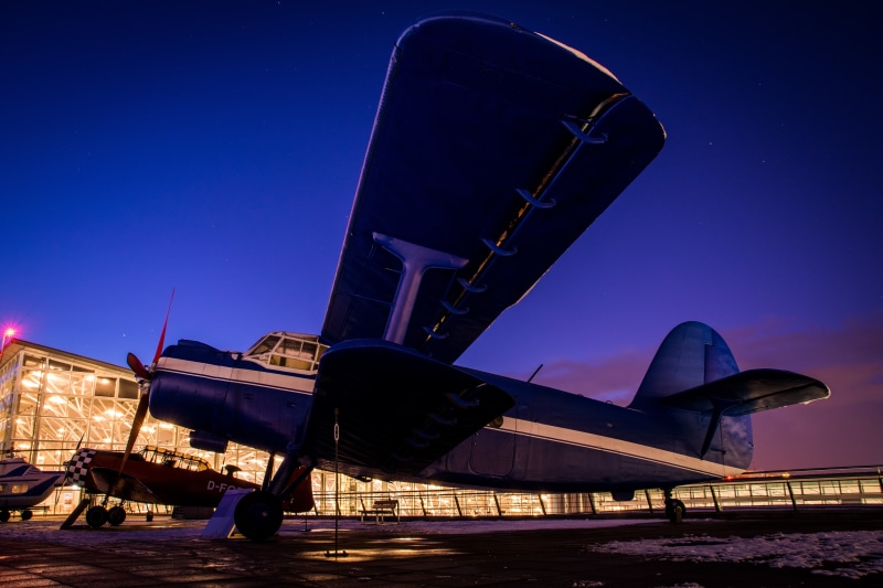 transportation, night, travel, air vehicle, airfield, long exposure, antonov, street light, sky, airplane, blue, illuminated, nature, dusk, 5K, outdoors