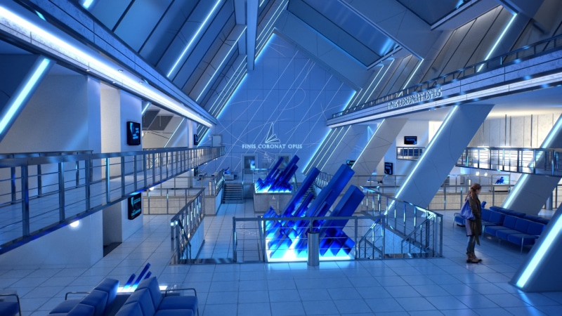station, modern, airport terminal, steps and staircases, render, airport departure area, ceiling, interior, futuristic, no people, lobby, digital art, built structure