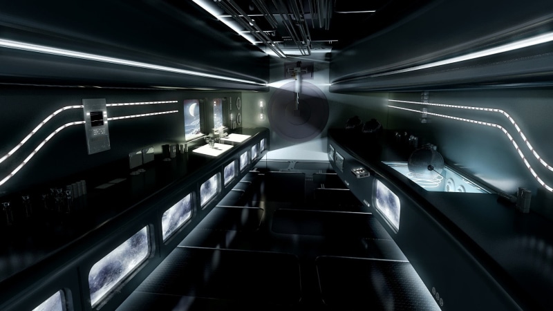 no people, lighting equipment, modern, cabinet, illuminated, convenience, science fiction, interior, gray, railing, ceiling, technology, motion, nightlife