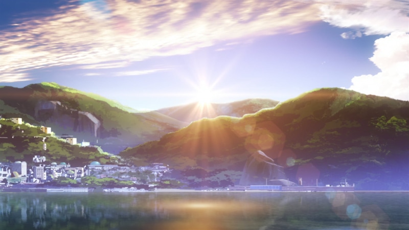 architecture, Nagi no Asukara, anime, plant, lens flare, built structure, tranquil scene, sky, landscape, water, green, waterfront, lake, scenics - nature