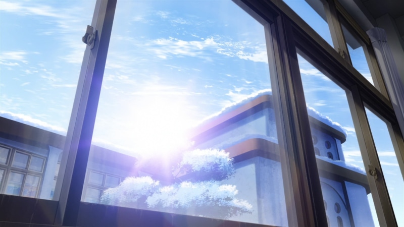 lens flare, transparent, blue, anime, sky, window, sunlight, reflection, building exterior, architecture, low angle view, framed, glass - material, glass