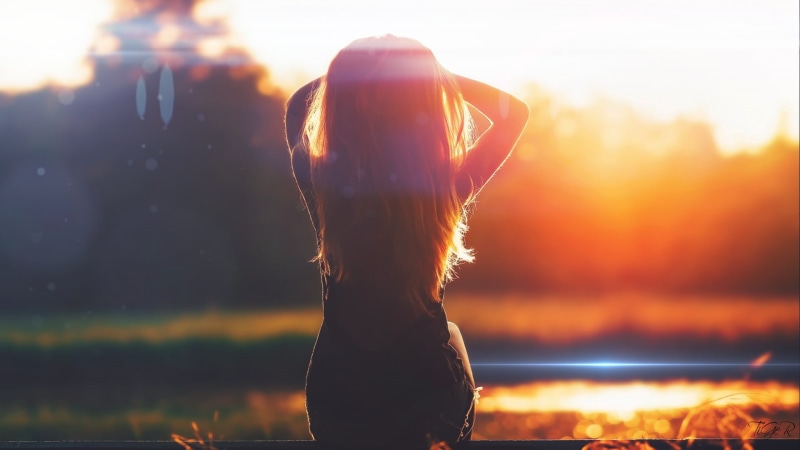 leisure activity, women, sunset, arms raised, rear view, back lit, beauty in nature, headshot, long hair, 1080P, focus on foreground, sky, adult, one person