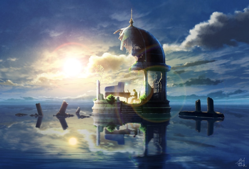 cloud - sky, economy, anime boy, day, finance, communication, playing piano, business, representation, reflection, water, sky, 1080P, Anime, built structure