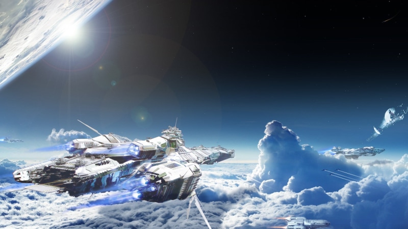 clouds, digital composite, technology, Dreadnought, Bengal-class Carrier, sunlight, planet, lens flare, sky, space, flying, large group of objects, global communications