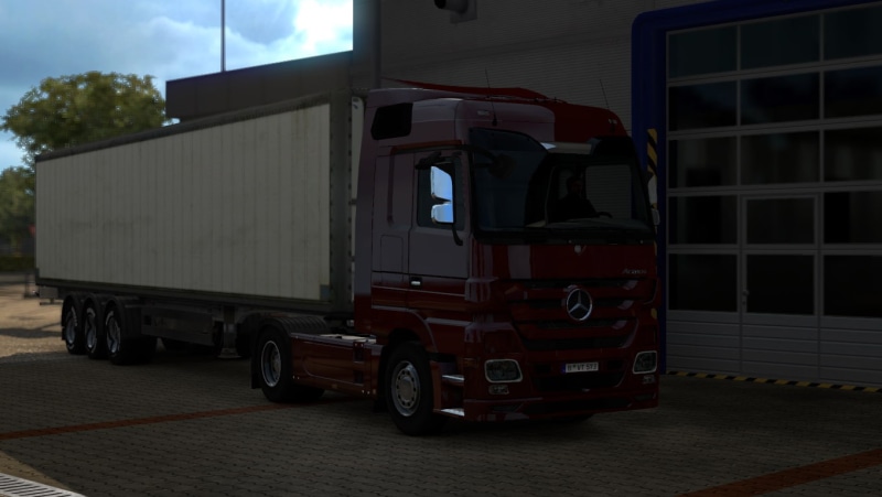 semi-truck, red, land vehicle, transportation, outdoors, 720P, Euro Truck Simulator 2, Volvo FH16, freight transportation, trucking, built structure, no people