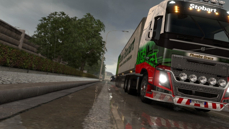 reflection, Euro Truck Simulator 2, 1080P, Volvo FH16, rain, Truck, Trees, Lorry
