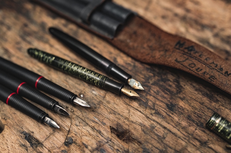 wood - material, antique, fountain pen, no people, view, pens, vintage, publication, wood, history, variation, metal, ink, leather, retro, table, 4K, ink pen