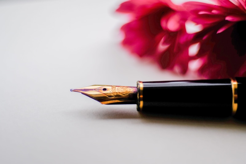 no people, plant, shallow, studio shot, flower, paper, writing, ink pen, 5K, writing instrument, gold, ink, correspondence, flowering plant, fountain