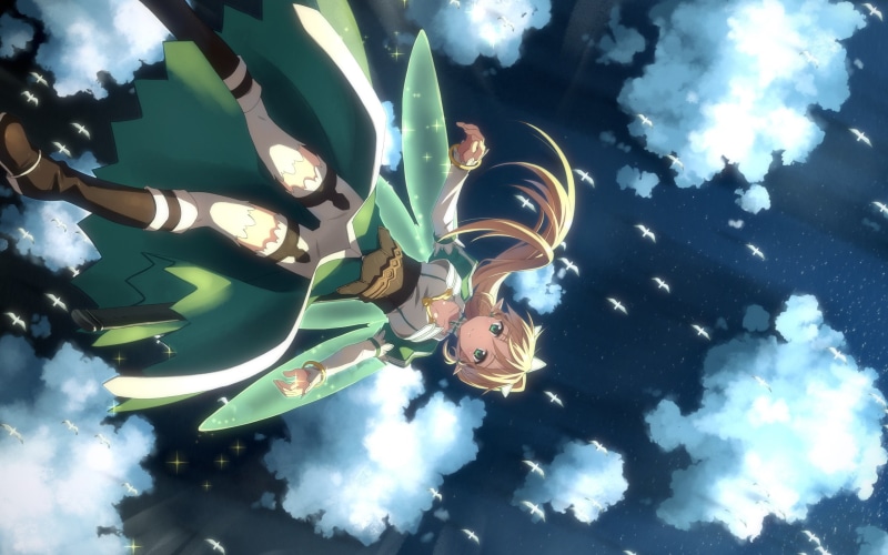 hair, thighhighs, pointed, yuuki, tatsuya, sky, ears, art, leafa, 2K, long, bird, blonde, animal, online, sword