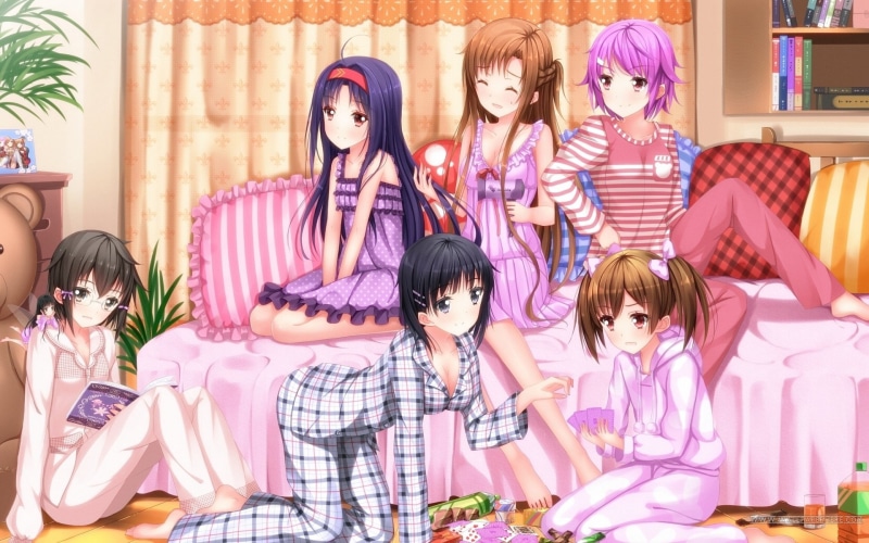 lifestyles, standing, Suguha Kirigaya, Sinon (Sword Art Online), Silica (Sword Art Online), people, fashion, pink color, Yui (Sword Art Online), indoors