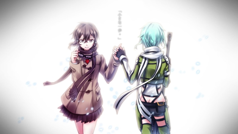 sword, gun, 1080P, art, gloves, ranyun, shorts, aqua, glasses, seifuku, online, black, shinon, short, (sao), weapon, hair, eyes, scarf