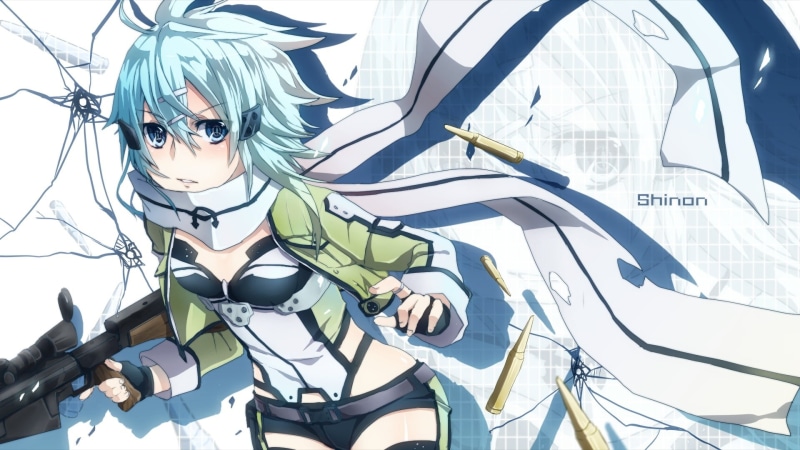 art and craft, sleeve, day, gun, sao, sword art online, blue hair, backgrounds, illustration, digital composite, no people, protection, girl, weapons, anime
