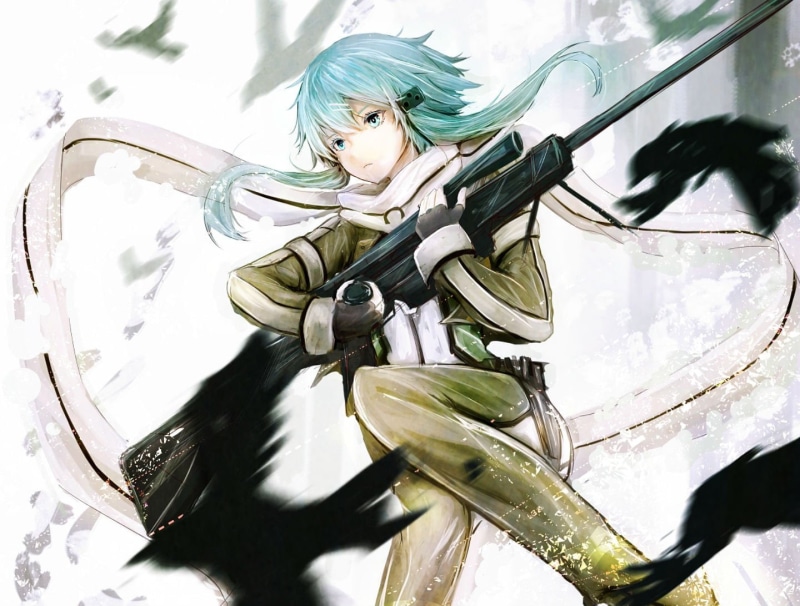weapon, blue, marumoru, short, animal, shinon, eyes, bird, scarf, gloves, art, gale, online, gun, 720P, sao, hair, sword