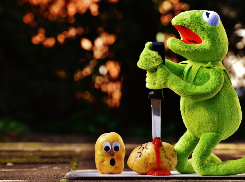 healthy eating, soft toy, focus on foreground, kermit, animal themes, apple - fruit, 5K, close-up, funny, potato murder, plush, frog, fruit, ketchup, food