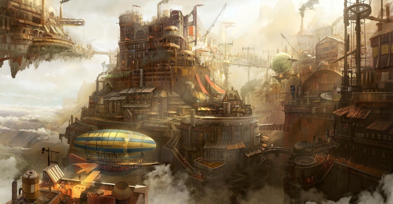 1080P, city, clouds, digital art, airships, steampunk, artwork