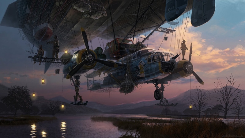 Eddie Bennun, by Eddie Bennun, Figure, Art, The plane, River, 1080P, Fishing, Ball, Steampunk, Twilight fishing, The airship