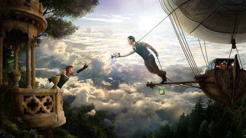 love, rose, airships, fantasy art, balcony, men, steampunk, 1080P, women, clouds
