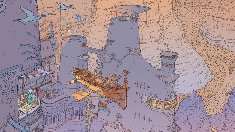 Mœbius, birds, Jean Giraud, airships, fantasy art, 1080P, fantasy city