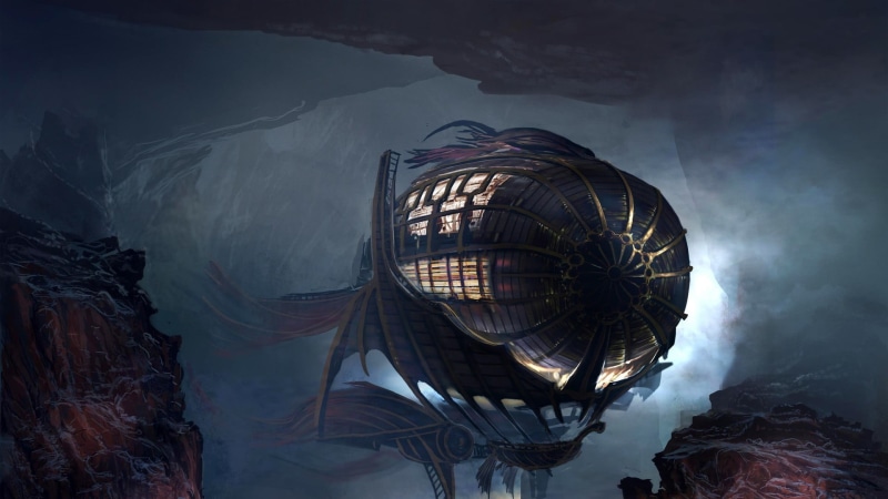 steampunk, landscape, fog, built structure, architecture, digital composite, building, rock, digital art, 1080P, concept art, aircraft, sky, Zeppelin