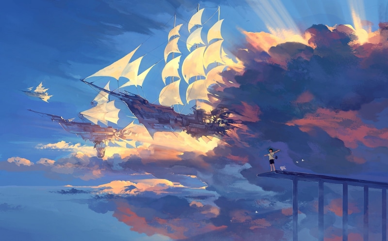 airships, clouds, fantasy art, 1080P