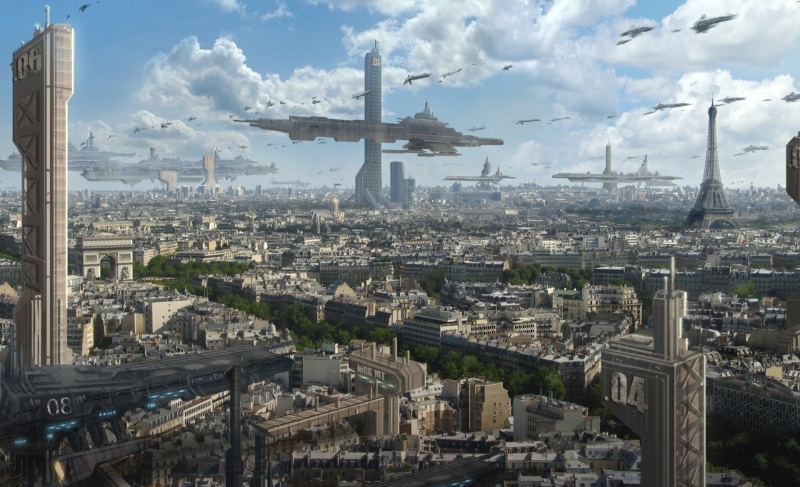 skyscraper, futuristic, digital art, France, building, spaceship, clouds, airships, Paris, fantasy art, Arc de Triomphe, Eiffel Tower, space, 1080P, cityscape