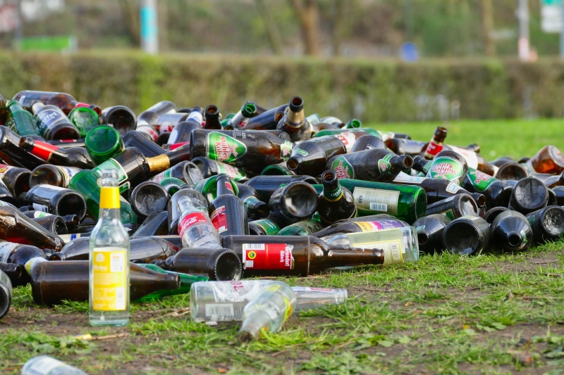 bottles, ecology, throw away society, multi colored, waste disposal, outdoors, no people, glass, abundance, grass, 4K, day, circuit, environmental issues