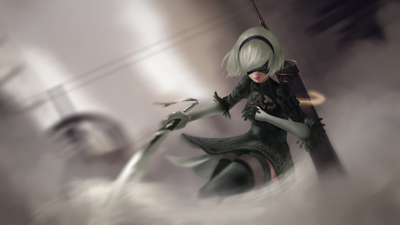 Girl, Short Hair, White Hair, Sword, Headband, 5K, Woman Warrior, Blindfold, Glove, Video Game, Thigh Highs, NieR: Automata, Dress, Black Dress, Weapon