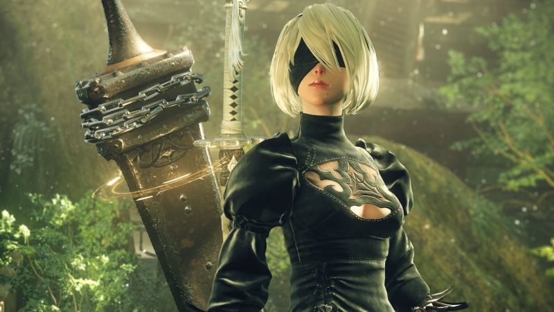 clothing, white, waist up, day, security, headwear, helmet, Weapon, holding, outdoors, tree, YoRHa No.2 Type B, suit of armor, leisure activity, young adult