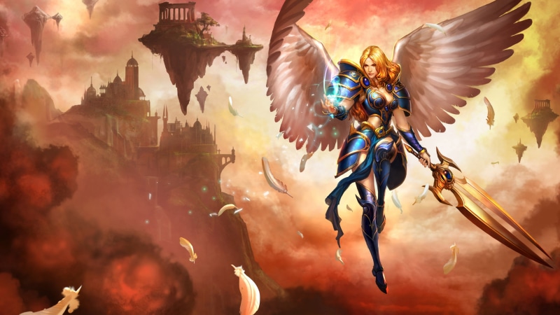 clouds, 4K, angel wings, Kayle, League of Legends, armor, feathers