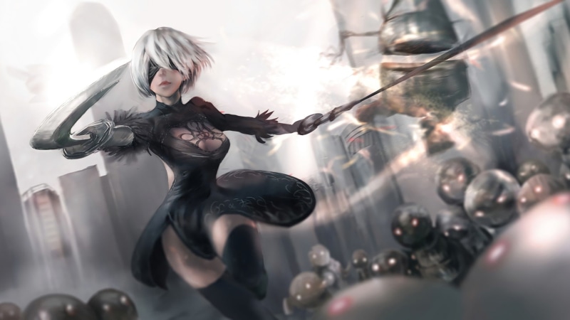Short Hair, Katana, YoRHa No.2 Type B, Thigh Boots, White Hair, Sword, NieR: Automata, Robot, Dress, Black Dress, 1080P, Girl, Glove, Blindfold, Weapon