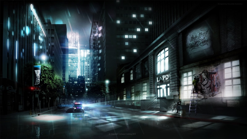 illuminated, road, wet, cityscape, mode of transportation, digital art, Alexander Koshelkov, built structure, land vehicle, city, street, car, architecture