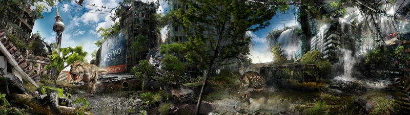 the city, Dual Monitor, Alexander Koshelkov, Berlin, postapokalipsis, dinosaurs, building, devastation, 4K